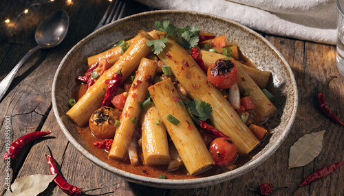 Bamboo Shoot Curry Indian spicy dish with herbs in rustic bowl