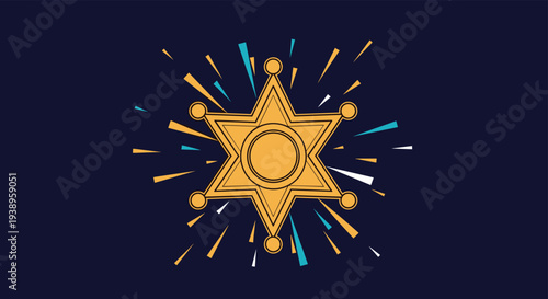Golden six pointed sheriff star badge with a central circle and radiating colorful lines against a dark blue background in a vector icon.