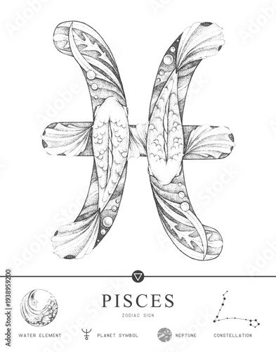 Modern magic witchcraft card with astrology Pisces zodiac sign characteristic. Hand drawing art product. Vector illustration