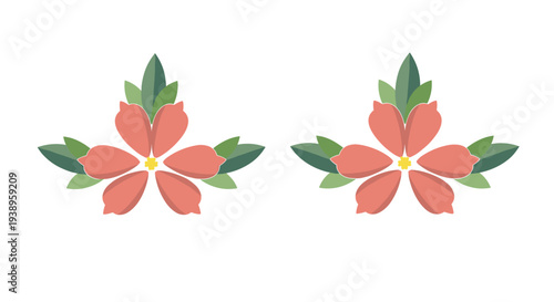 Pair of identical pink blossoms with green leaves and yellow centers arranged in a symmetrical floral design for decoration.