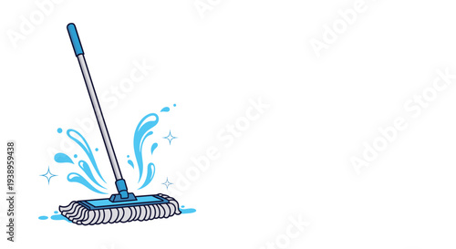 Commercial blue flat mop with long handle and water splashes representing cleaning service and hygiene tasks in the office.