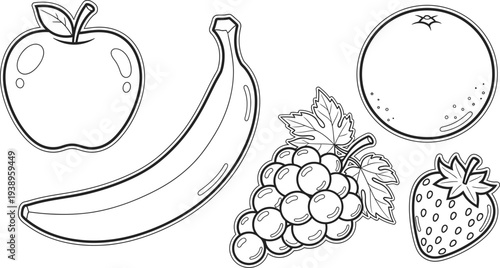 Fruit colouring page for kids with apple banana grapes strawberry and orange