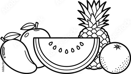 Colouring page of fresh fruit including watermelon pineapple apple mango