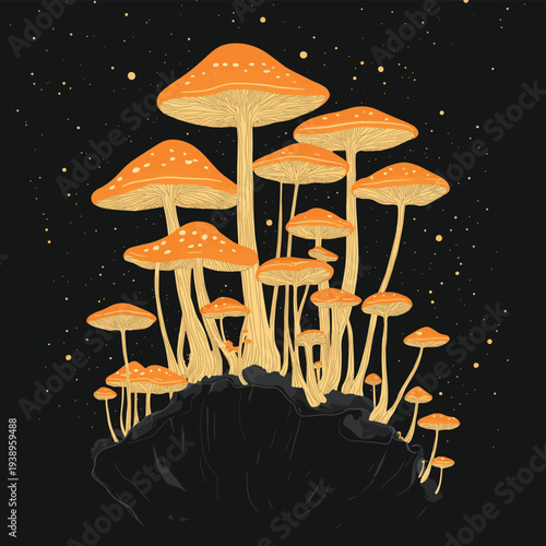 Underground Mycelium Network Connecting Forest Mushrooms , vector style simple color