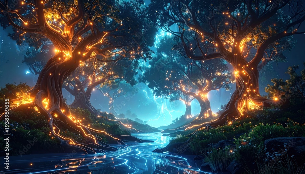 Fototapeta premium Glowing trees frame a mystical river scene under a starlit night