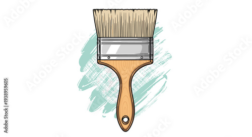 Wide wooden handled paintbrush positioned over a decorative blue textured paint stroke for artistic concepts and diy art.