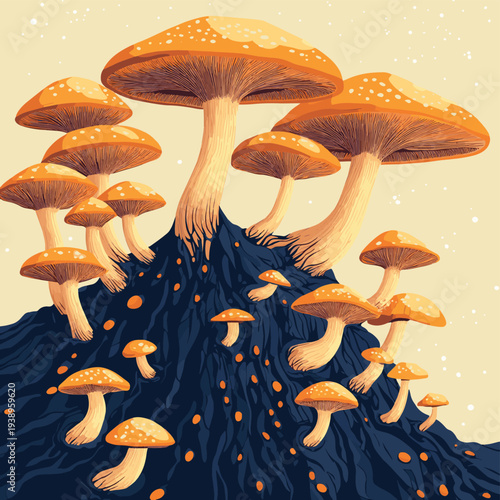 Underground Mycelium Network Connecting Forest Mushrooms , vector style simple color