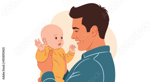 Affectionate father holding his newborn baby in his arms while looking down with a smile of love and joy for his family.