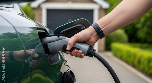 Close Up of Person Plugging Electric Vehicle into Home Charger