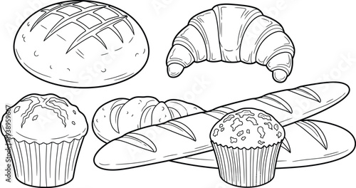 Free printable bread colouring page for kids with various loaves and pastries