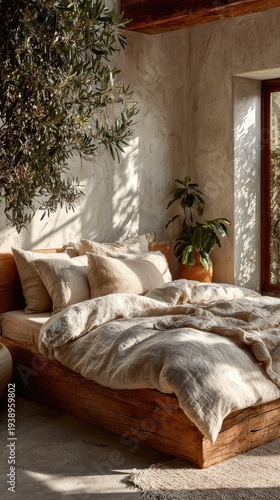 Cozy Minimalist Bedroom Interior with Natural Light Sunbeams and Indoor Olive Tree