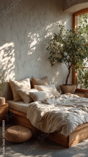 Cozy Minimalist Bedroom Interior with Natural Light Sunbeams and Indoor Olive Tree