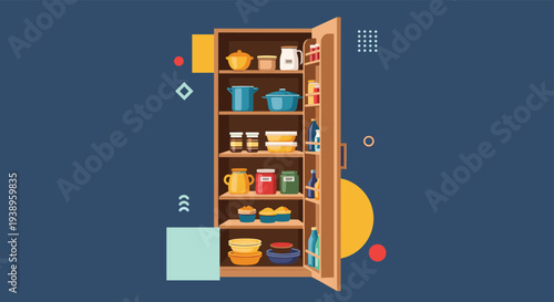 Modern wooden kitchen pantry cabinet with an open door revealing organized plates bowls and storage containers for home.