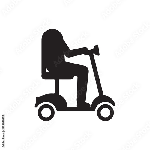 Silhouette of a person riding a mobility scooter with three wheels and a seat  elderly person on a mobility scooter