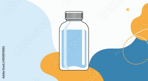 Small transparent plastic medicine bottle filled with blue liquid medicine against a colorful abstract background for health.