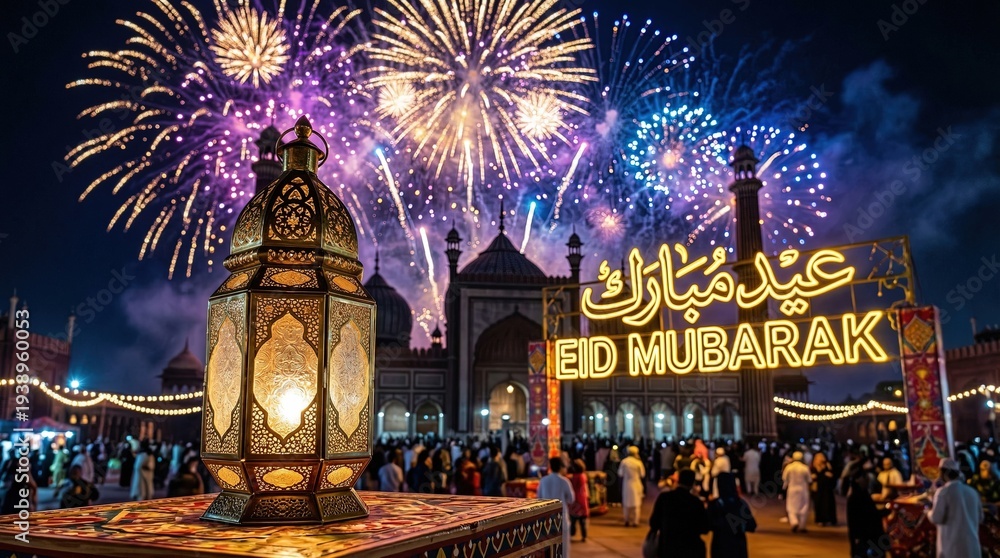 Obraz premium Eid Mubarak Celebration with Fireworks Over Grand Mosque and Golden Lanterns