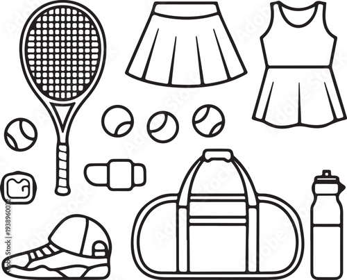 Tennis equipment and clothing illustration