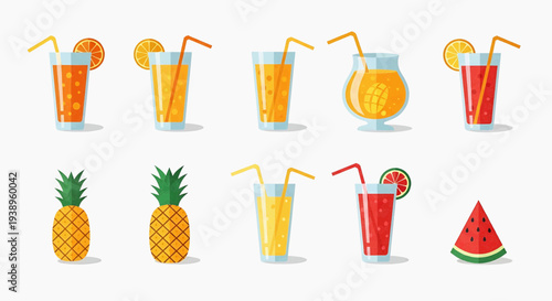Collection of colorful fruit drinks and fresh fruits displayed on a clean white background from a straightforward viewpoint