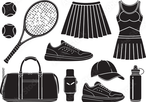 Tennis player equipment and accessories laid out