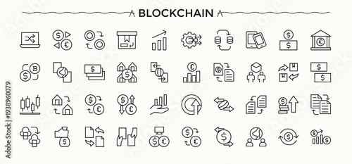 Blockchain icon set. Minimal thin line web icons set. Editable vector. Block simple icon set. Contains such icons as mining, wallet, tech, coin, chain, bit, network and more.