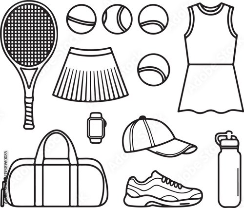Tennis equipment and clothing illustration