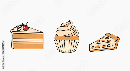 Illustration of cake, cupcake, and pie on a clean background from a straightforward viewpoint