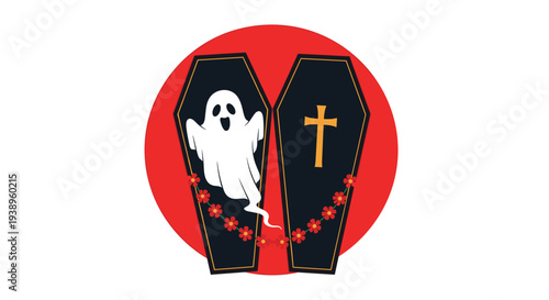 Friendly cartoon ghost floats between two open coffins adorned with red flowers against a large red sun in a spooky and festive Halloween illustration.
