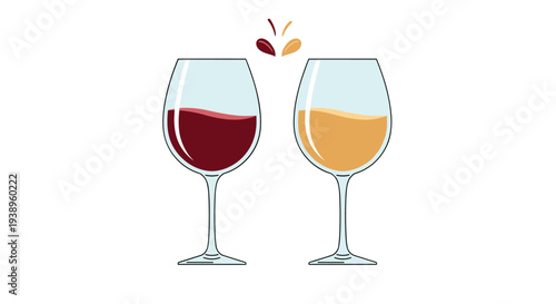Two elegant wine glasses filled with red and white wine are shown side by side in a minimalist vector illustration with small liquid splashes.
