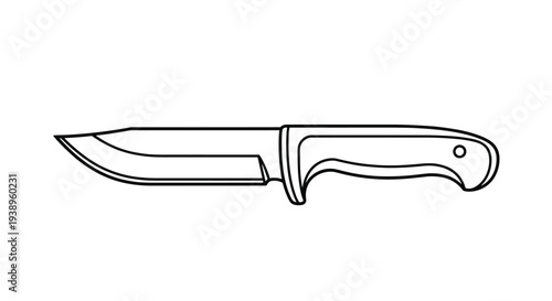 Sharp tactical hunting knife with a black handle and curved steel blade is presented as a clean black and white line art drawing on a plain background.