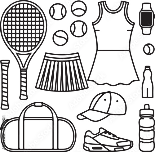 Tennis equipment and clothing for women illustration