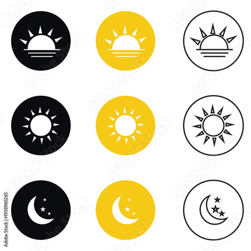 Time of Day icon. Minimal vector icon set showing sunrise, midday, sunset and midnight with sun and moon symbols in solid, colour and outline styles.