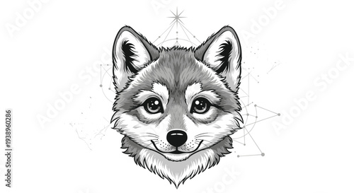Adorable wolf puppy face is illustrated in black and white with intricate geometric patterns in the background showing detailed fur and expressive eyes.