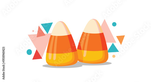 Two pieces of iconic yellow orange and white candy corn are arranged against a background of colorful geometric shapes for a festive Halloween theme.