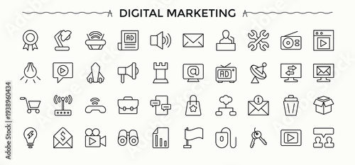 Digital Marketing line icon set. Thin icons set. Contains such icons as media, cyberspace, business, website, marketing. Editable vector art and illustration. Campaigns vector icon set.