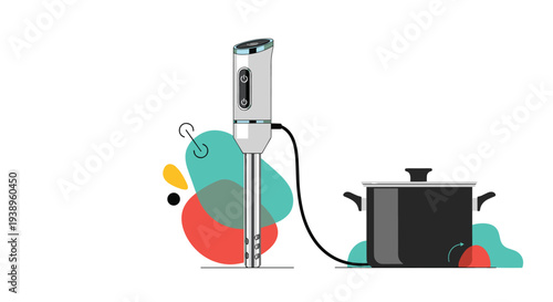 Handheld immersion blender stands next to a dark cooking pot on a background of abstract colorful shapes in a modern and clean vector illustration.