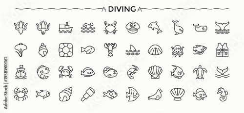 Diving icon collection. Collection for mobile and web apps. Containing swimwear, swimmer, shower, swimming, swim. Pixel perfect. Editable stroke. Swimming modern icon set.