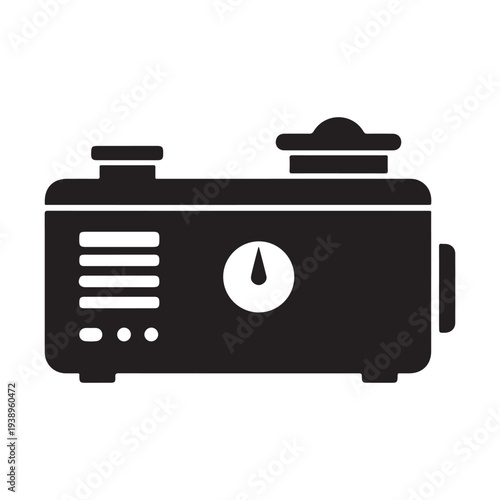 Simple black and white illustration of oil burner with dial and vents  heating device