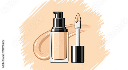 Glass bottle of liquid foundation makeup with a black pump and a separate applicator wand is shown against a textured beige background in vector art.