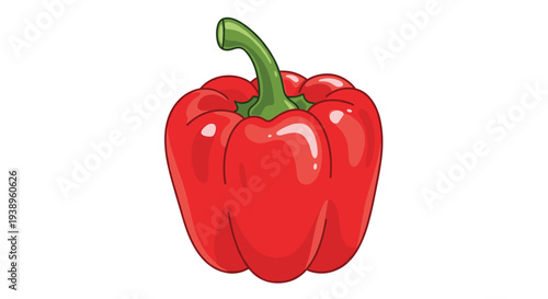 Shiny and ripe red bell pepper with a green stem is depicted in a vibrant and realistic vector illustration showing smooth skin and natural highlights.