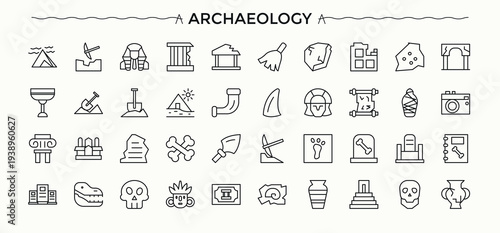 Archaeology icon. Minimalist editable vector stroke. Contain linear symbols museum, historical, antiquity, culture, exhibit, heritage, exhibition. Editable stroke. Archaeology line icon set.