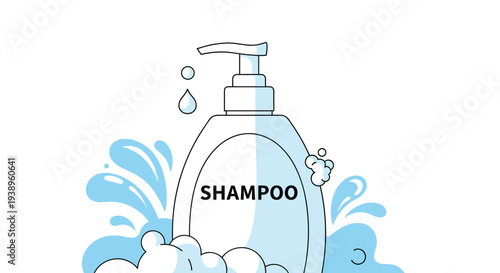 Plastic bottle of shampoo with a pump dispenser is surrounded by blue water splashes and soap bubbles in a clean and refreshing product illustration.