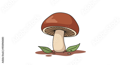 Large wild forest mushroom with a brown cap and two green leaves at its base sits on a patch of earth in a simple and natural vector illustration.