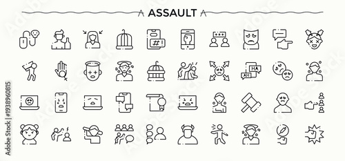 Assault icon collection. Web icons pack. Bullying icon set. Pictograms of bullying, abuse, violence, bully, crime, man and more.