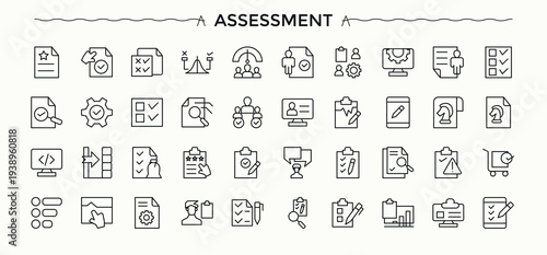 Assessment related icon set. Minimalist vector collections. Editable vector. Inspect icon pack. Contains outline symbols like check, research, graph, audit, magnify and more.