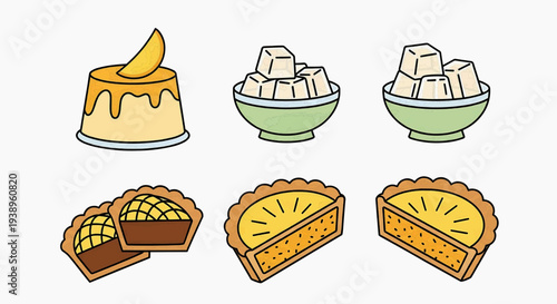 Assorted pastries and desserts displayed on a clean white background with a simple graphic style and illustration view