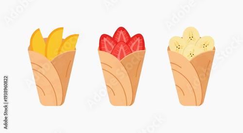 Assorted crepes with various fillings depicted in a row, showcasing different flavors and ingredients, vector illustration, close-up view