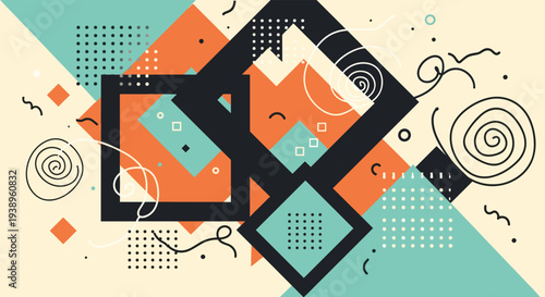 Dynamic abstract composition features geometric shapes like squares, triangles, and circles with playful lines and patterns in a modern art style.