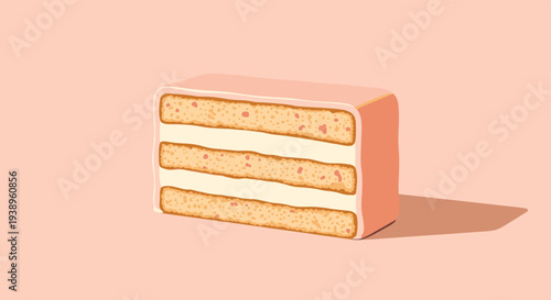 Rectangular slice of layered vanilla and strawberry cake with smooth pink frosting sits on a matching background in a clean vector food illustration.