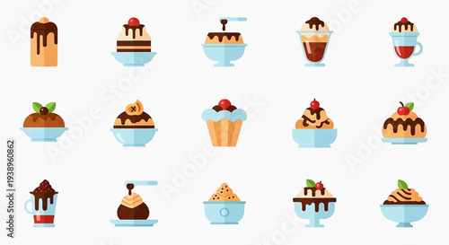 Collection of assorted desserts and beverages in bowls and cups, viewed from directly above, showcasing variety of sweet treats and drinks.