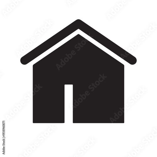 Simple black house icon with triangular roof and rectangular door on white background